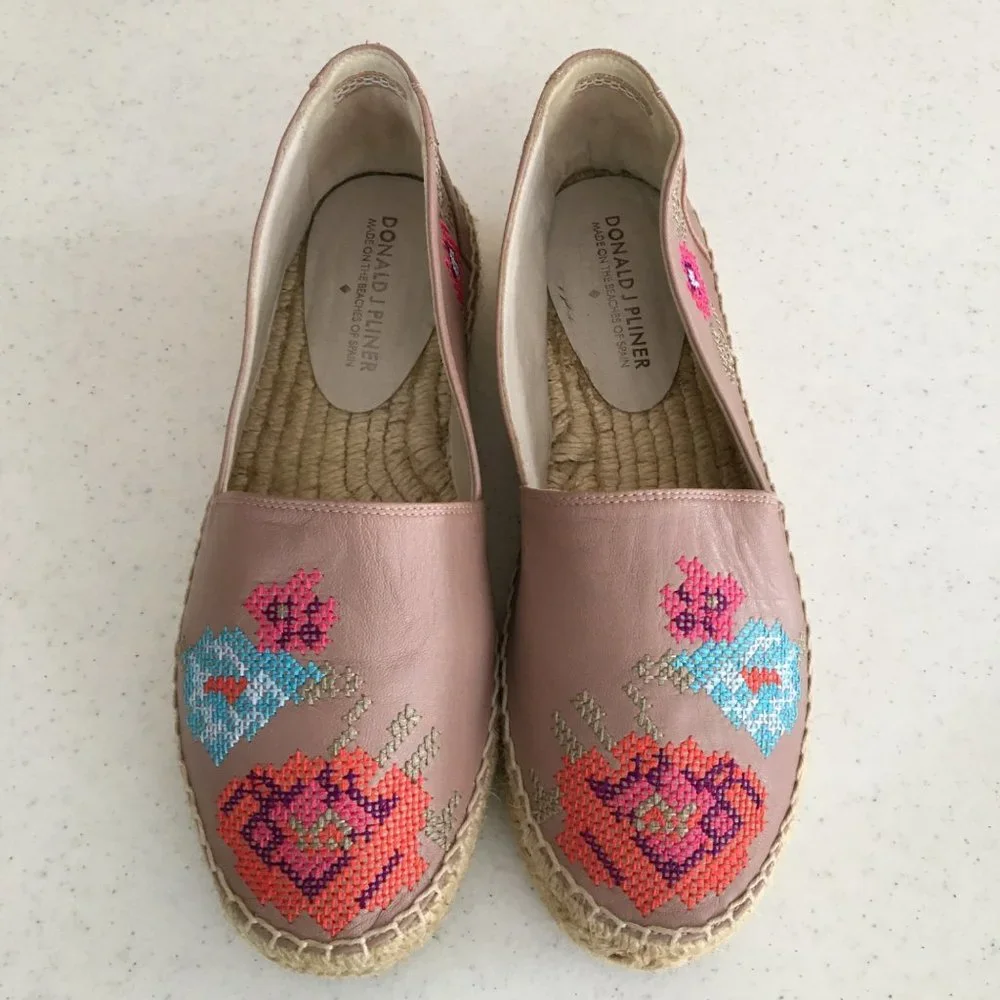Taupe Cross Stitch Embroidered Espadrille Platform Slip On Shoes Donald J Pliner